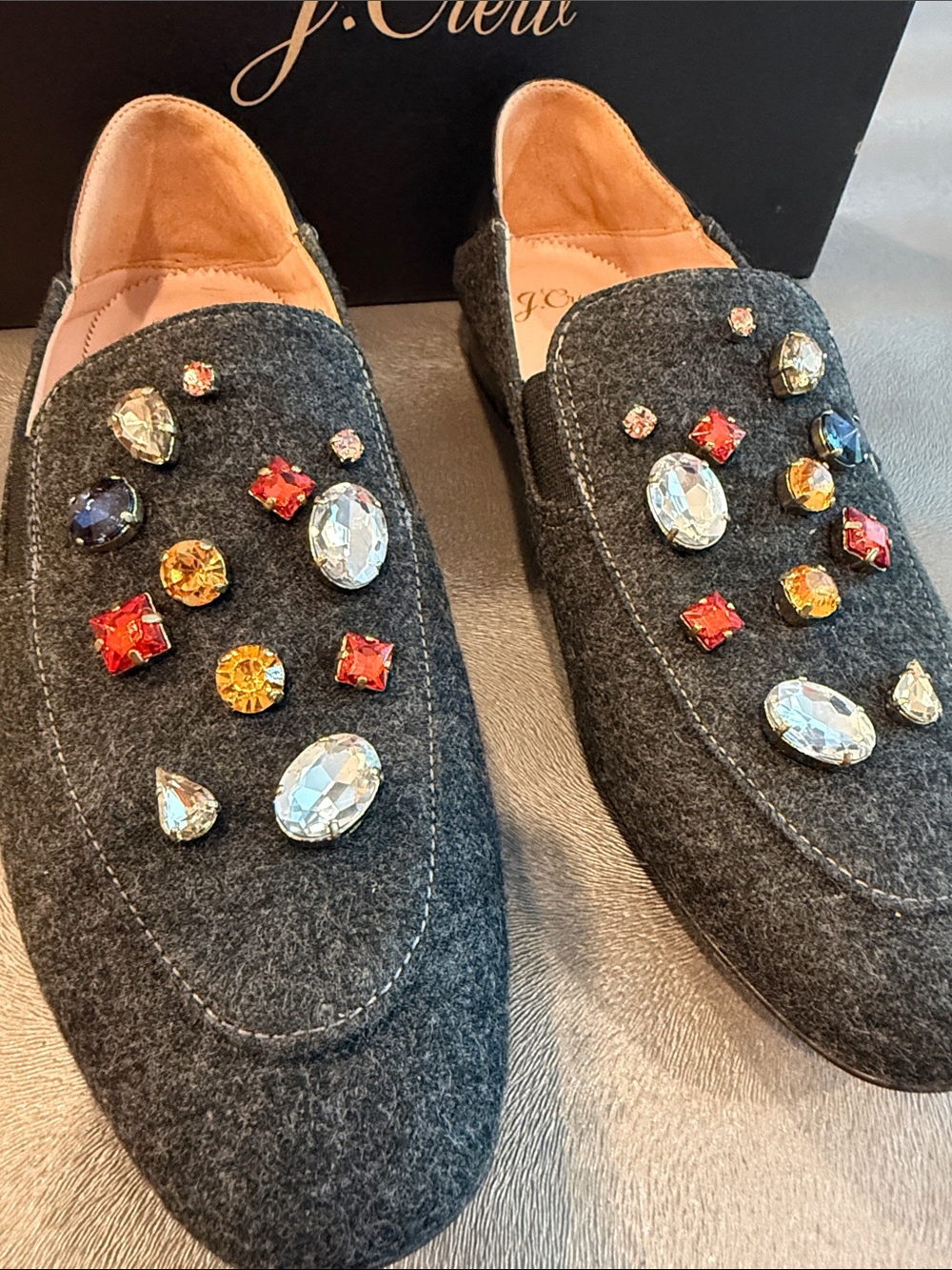 J. Crew Dark Gray Felt Slip-On Loafers with Multicolored Jewel Accents. Size 6.5